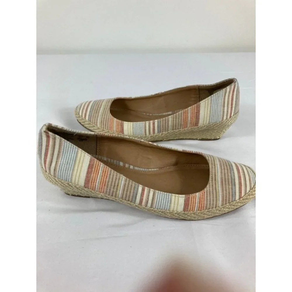 Womens American Eagle Stripe Canvas Espadrille‎ Wedge Tan White Blue W8.5
